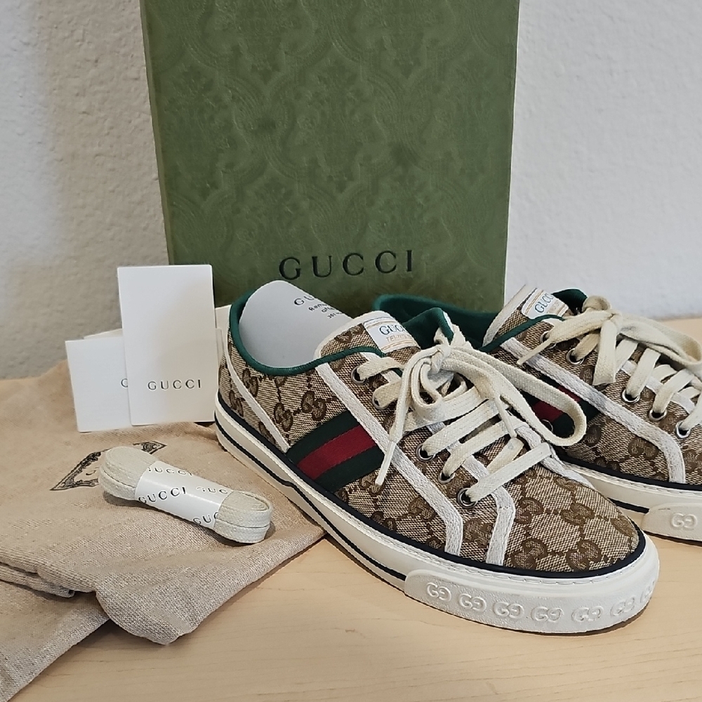 Gucci Beige Monogram Sneakers with Red and Green Accents